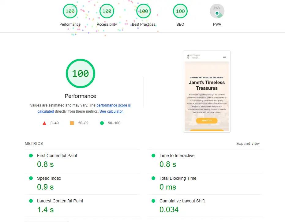 Google Lighthouse score showing 100 in all categories — Performance, Accessibility, Best Practices, SEO